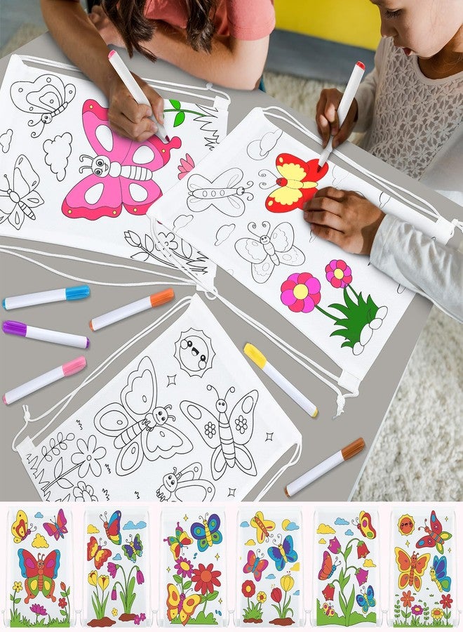 Cosblank 24 Pcs Color Your Own Drawstring Bags Coloring Party Goodie Favor Bags Flowers Butterfly Birthday Party Crafts with Markers DIY Projects Supplies(Butterfly) - Image 4